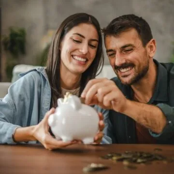 couple putting money into a piggy bank
